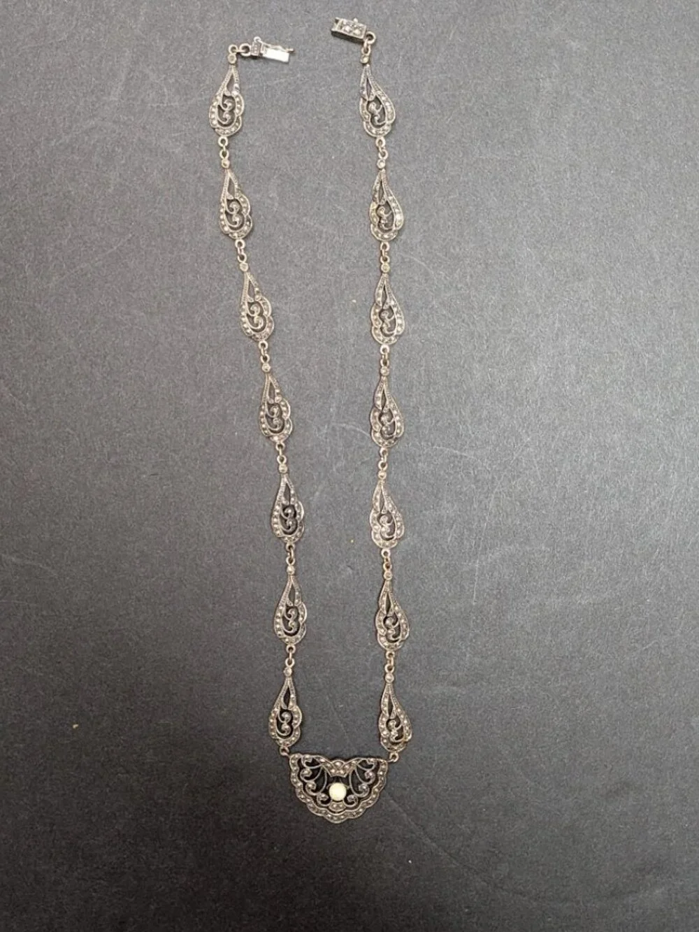 Vintage 925 SHA Sterling Silver Marcasite Filigree Pearl Necklace 16